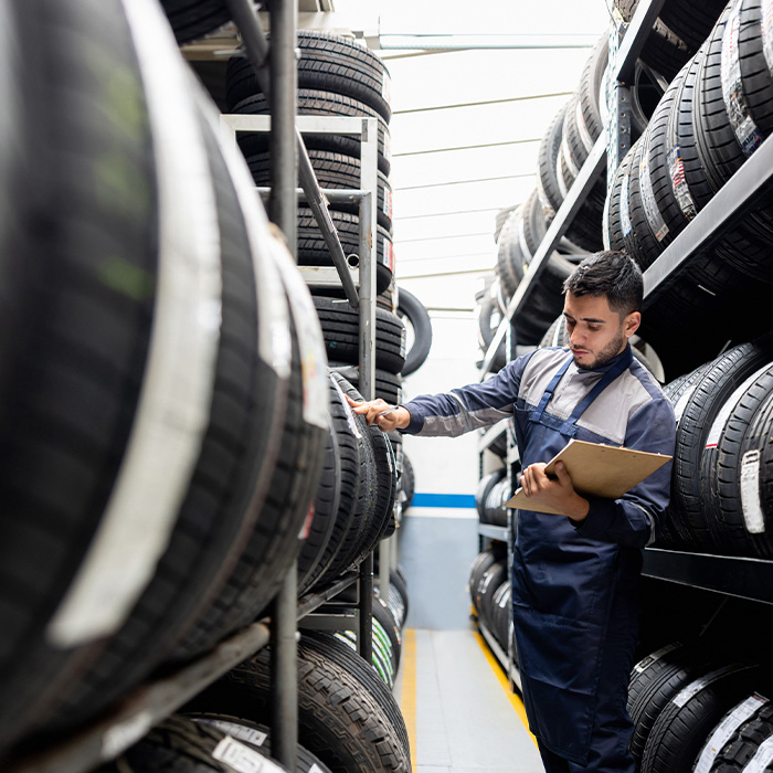 Man doing a stock inventory while working at a tire factory