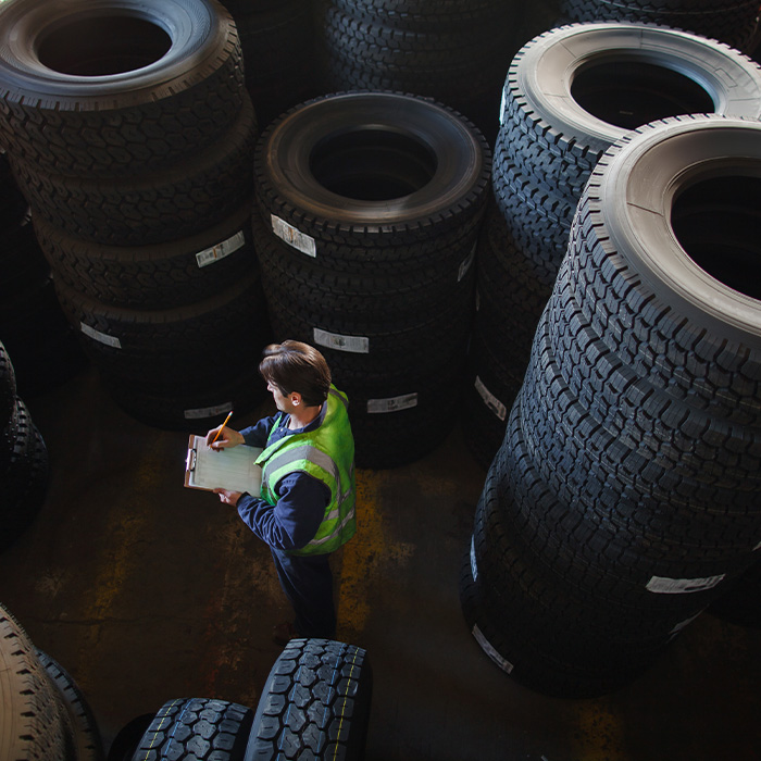 Auto mechanic tire repair repairman specialist small business owner in an auto garage looking at clipboard with stacks of tires